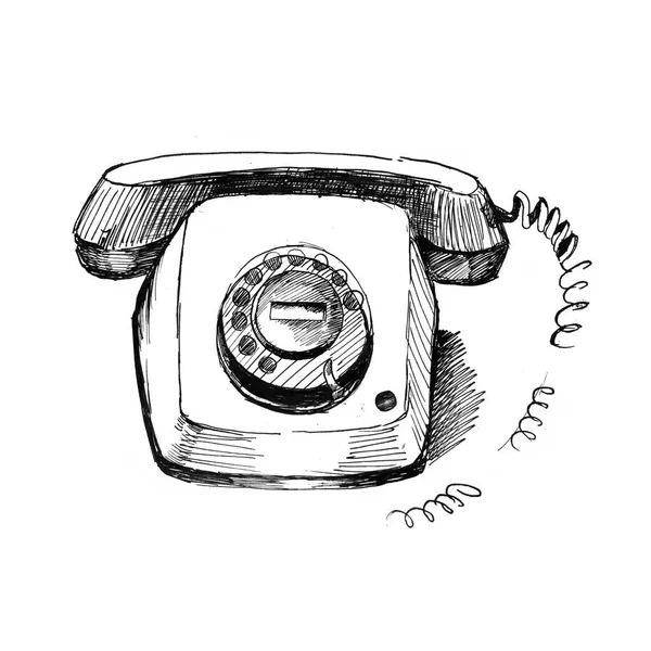 Eski telefon. Vintage elle çizilmiş tarzı, kalem ve mürekkep. Retro el işi telefon tasarım öğesi