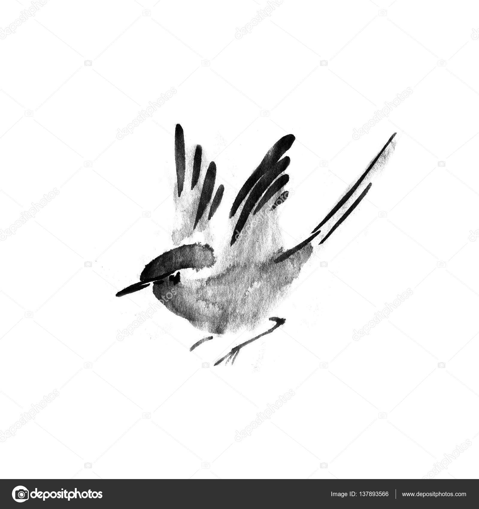 Sumi-e tinta burung terbang. Lukisan cat cat air . Ilustrasi Stok oleh  ©7slonov #137893566, image size:1600x1700