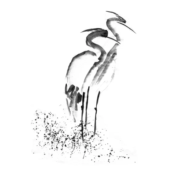 Beautiful gallant stork Heron crane love. Ancient monochrome black ink. Japanese painting sumi-e. — Stock Photo, Image