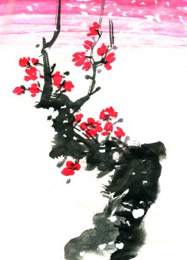 Çin sakura Japon Erik çiçeği grunge bahar sumi-e