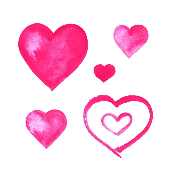 Zestaw różowe serca na Walentynki w stylu przypominającym akwarele. — Zdjęcie stockowe