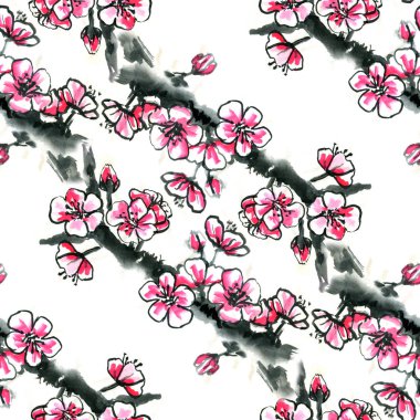 Suluboya mürekkep çiçekli kiraz, Erik veya sakura - Dikişsiz desen
