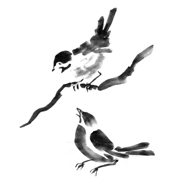 Sumi-e ink samling av fåglar. Akvarellmålning — Stockfoto