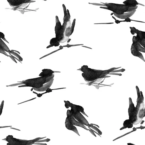 Acuarela tinta sumi-e pájaro patrón sin costura — Foto de Stock