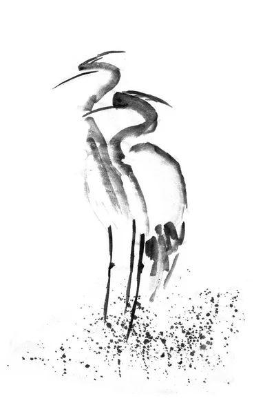 Bella cicogna galante Heron gru amore. Inchiostro nero. Pittura giapponese sumi-e . — Foto Stock