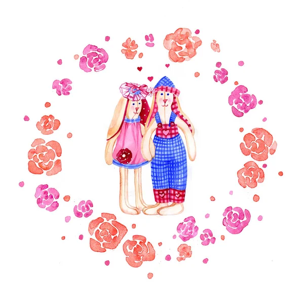 Χαριτωμένο Valentine λαγοί. Αγόρι και κορίτσι. Ένα ζευγάρι των εραστών κουνέλια σε floral στεφάνι — Φωτογραφία Αρχείου