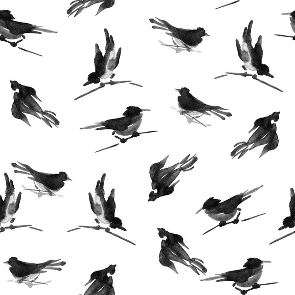 Watercolor ink sumi-e bird seamless pattern — Stock Photo, Image