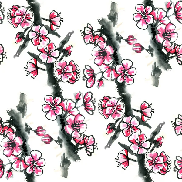 水彩油墨开花樱桃、 李子或樱花-无缝模式 — 图库照片