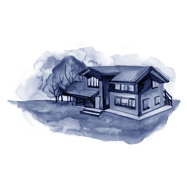 Пейзаж с домами, акварельная иллюстрация — стоковое фото