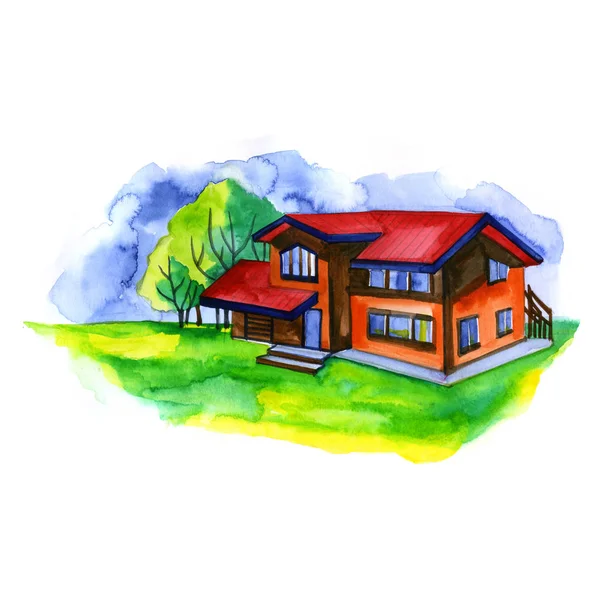 Пейзаж с домами, акварельная иллюстрация — стоковое фото