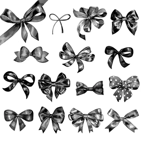 Watercolor bow big set. Different black bows and ribbons for holidays, greeting, celebration as Christmas, birthday, Valentines day, wedding. — Stock Photo, Image