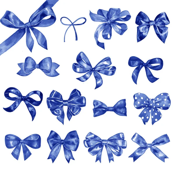 Watercolor bow big set. Different blue bows and ribbons for holidays, greeting, celebration as Christmas, birthday, Valentines day, wedding. — Stock Photo, Image