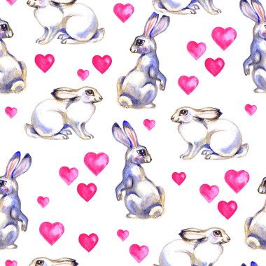 Arka plan ile şirin aşk tavşan. Sulu Boya Dikişsiz desen