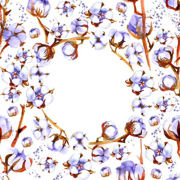 화 환, 손으로 화이트에 그린 목화 꽃 가지와 원형 프레임 — 스톡 사진