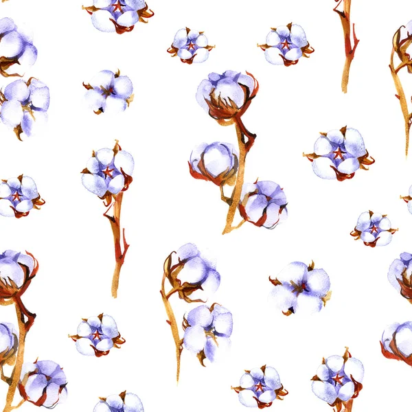Cotton plant branches. Watercolor repeating seamless pattern. — Stock Photo, Image