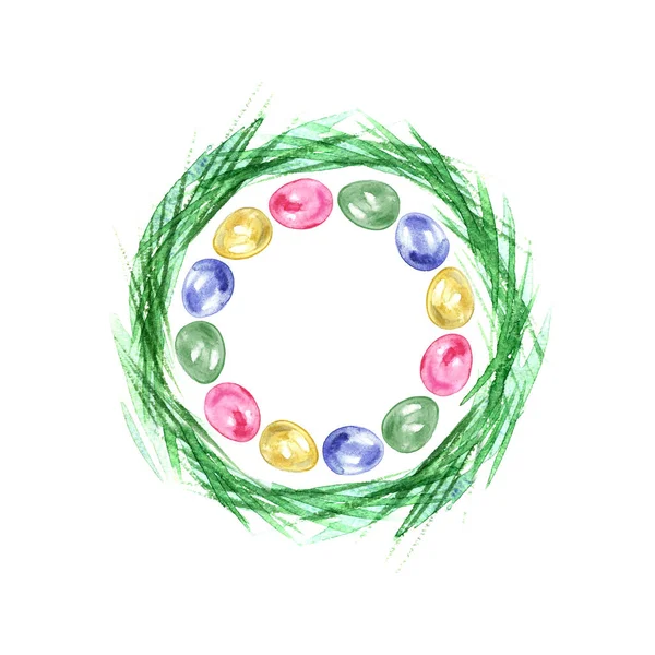 Easter grass wreath. Circle border. Watercolor on white background. — Stock Photo, Image