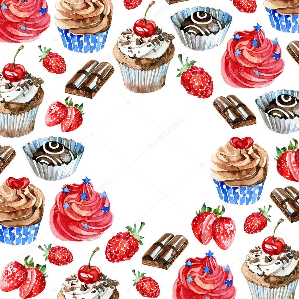 Watercolor sweets label. Card background with hand drawn food objects: cupcakes, chocolate, berry. Party time frame