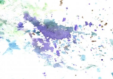 Soyut yeşil ve mor suluboya. Kağıt üzerinde sıçramasına renk. Elle çizilmiş.