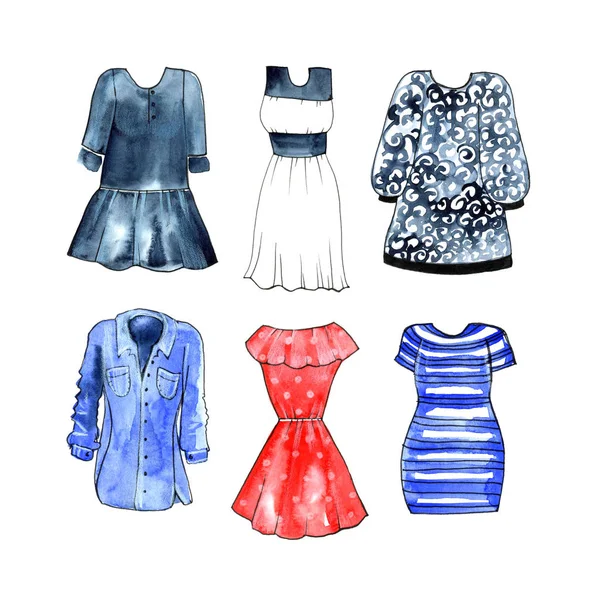 Watercolor casual dresses on white background. — Stock Photo, Image
