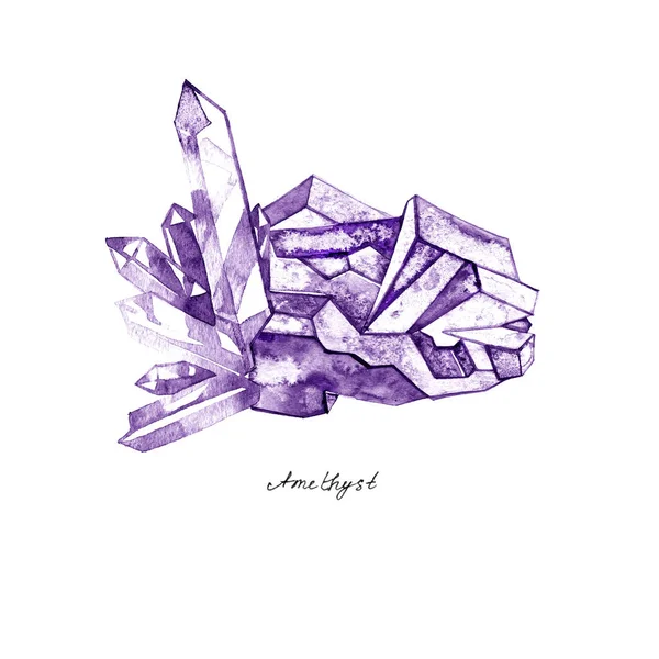 Aquarell lila Kristall Amethyst Cluster Hand gezeichnet Gemälde Illustration isoliert auf weißem Hintergrund — Stockfoto