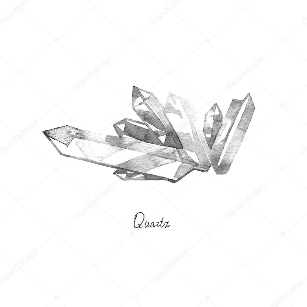Hand drawn watercolor crystal Quartz isolated on white background