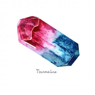 Watercolor Tourmaline. Semiprecious crystal. Hand drawn illustration clipart