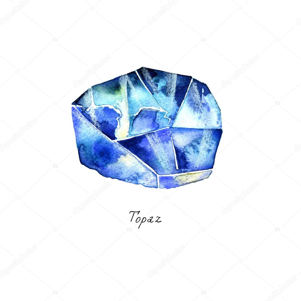 Blue Topaz isolated on white background. Watercolor illustration of gems.