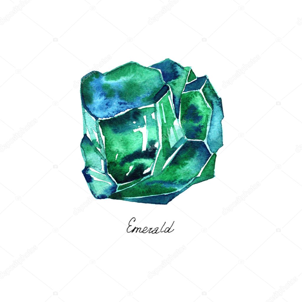 Watercolor illustration of diamond crystal. Green emerald.