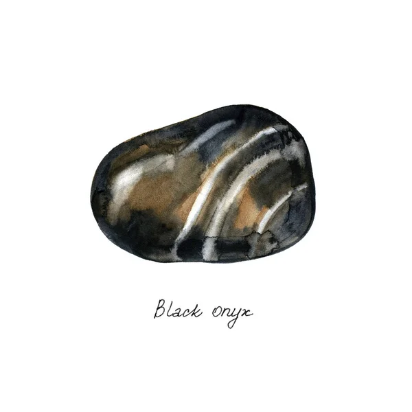 Watercolor semiprecious stone black onyx on white background. — Stock Photo, Image