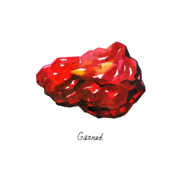 Edelstein aus rotem Kristallgranat. Aquarell mineralisch. Abbildung auf weißem Hintergrund. — Stockfoto