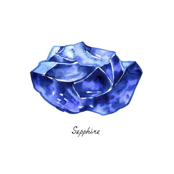 Blauwe saffier ruwe edelsteen geïsoleerde aquarel. Crystal minerale illustratie op witte achtergrond. — Stockfoto