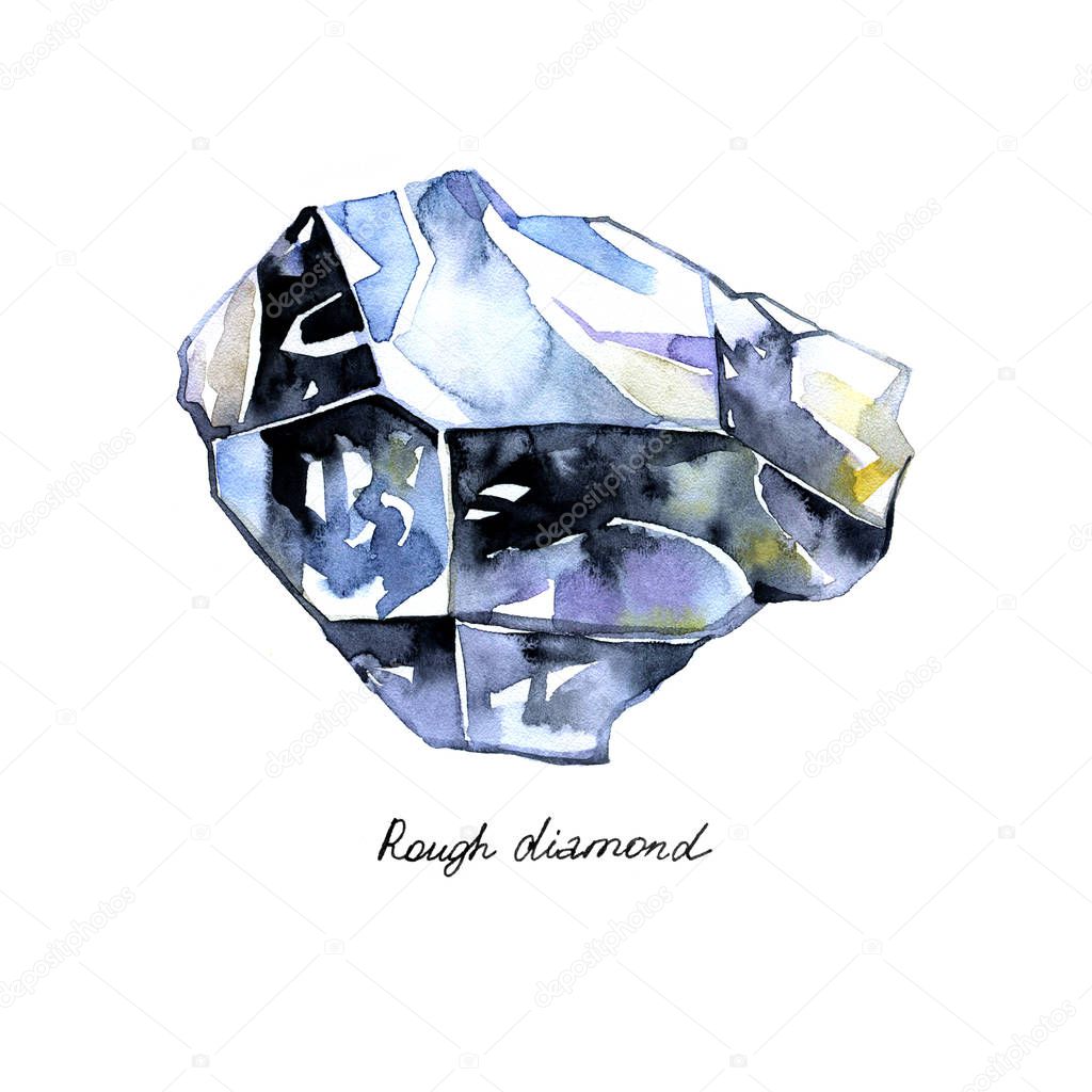 Watercolor crystal rough diamond painted isolated background on white