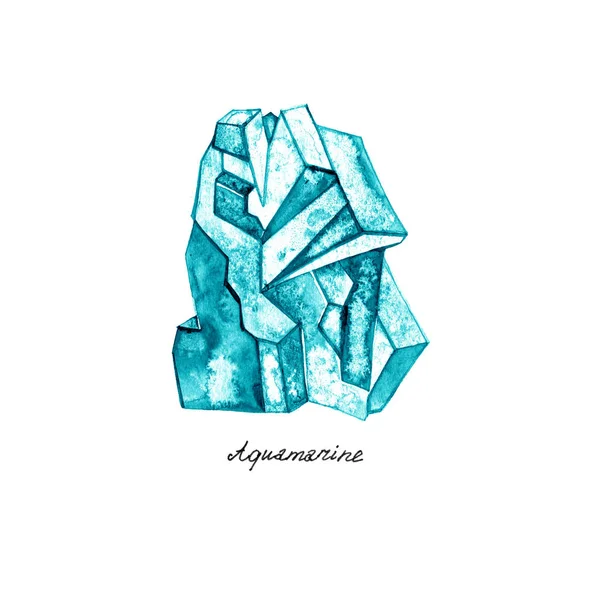 Suluboya Aquamarine. Yarı değerli kristal. Elle çizilmiş illüstrasyon — Stok fotoğraf