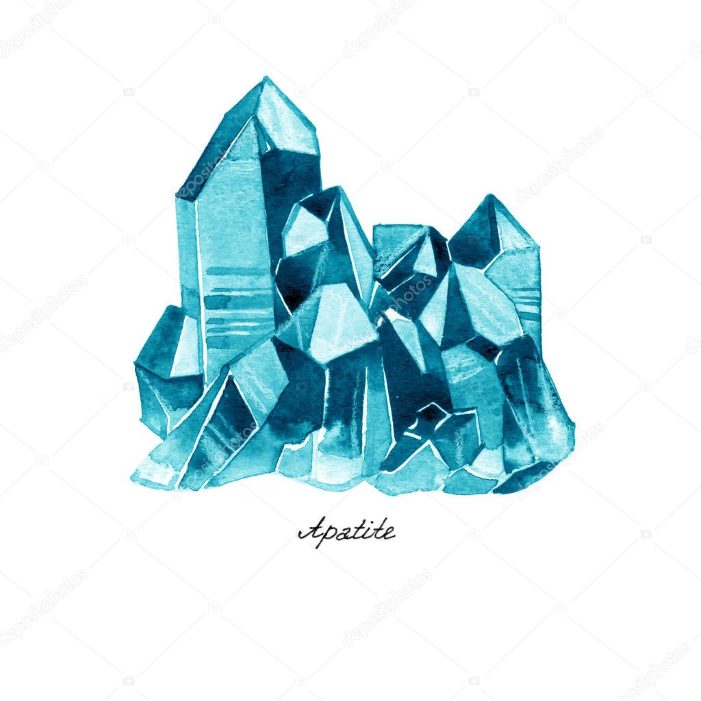 Watercolor illustration of diamond crystals. Blue Apatite.