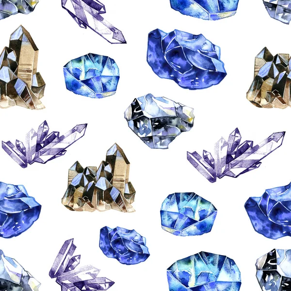 Cristales de acuarela gemas. Patrón sin costura dibujado a mano sobre fondo blanco —  Fotos de Stock