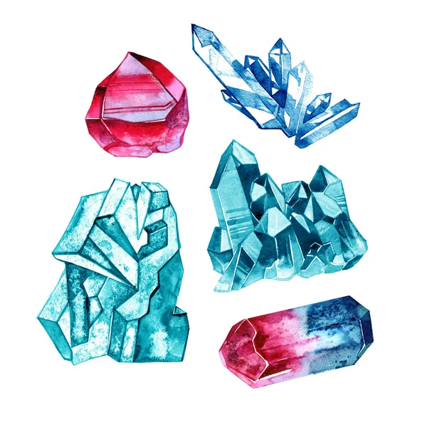 Conjunto de cristais pedras preciosas em estilo aquarela. Ilustração sobre branco — Fotografia de Stock