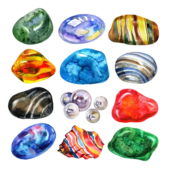 Conjunto de piedras semipreciosas acuarela. Brillantes piedras de cristal multicolor acuarela gemas sobre fondo blanco . —  Fotos de Stock