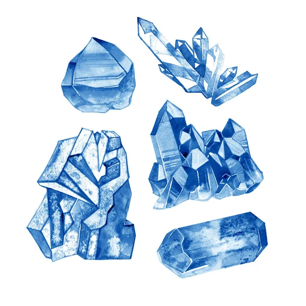 Koleksi permata kristal biru warna air. Ilustrasi dilukis tangan dengan mineral yang diisolasi pada latar belakang putih . — Stok Foto