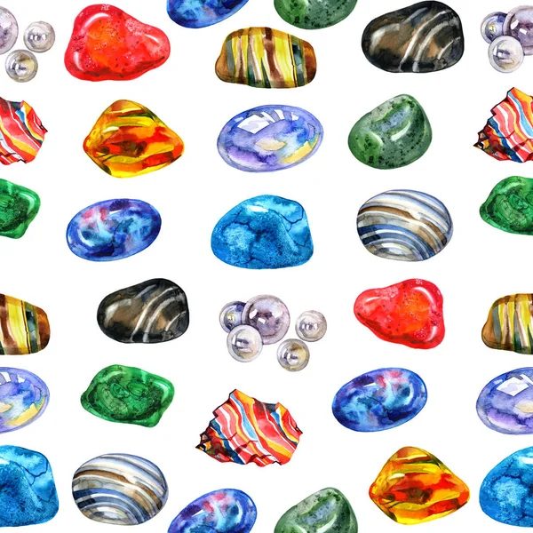 Watercolor gem stones pattern. Seamless ornament isolated on white background. — Stock Photo, Image