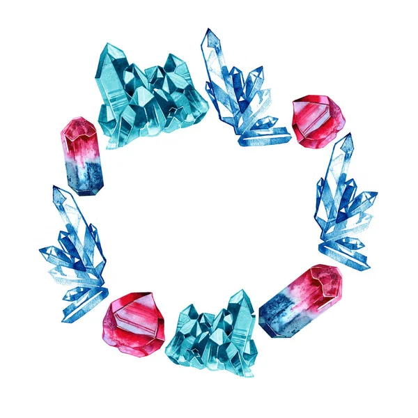 Aquarell Edelsteine quadratischen Rahmen. Handbemaltes Kartendesign mit mehrfarbigen Kristallen auf weißem Hintergrund. — Stockfoto
