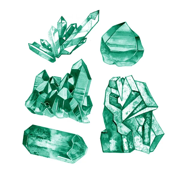 Hand drawn watercolor crystals in green colors isolated on white — Stock Photo, Image