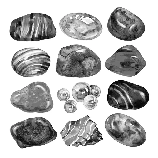 Collectie van aquarel stenen, illustratie op witte achtergrond. — Stockfoto
