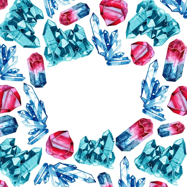 水の色の宝石の石の正方形のフレーム。白を基調とした多色結晶で手描きのカードデザイン. — ストック写真