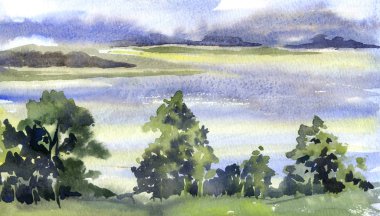 Bir göl yakınında güzel bir manzara. Suluboya ile dokulu kağıt üzerinde oluşturulan.