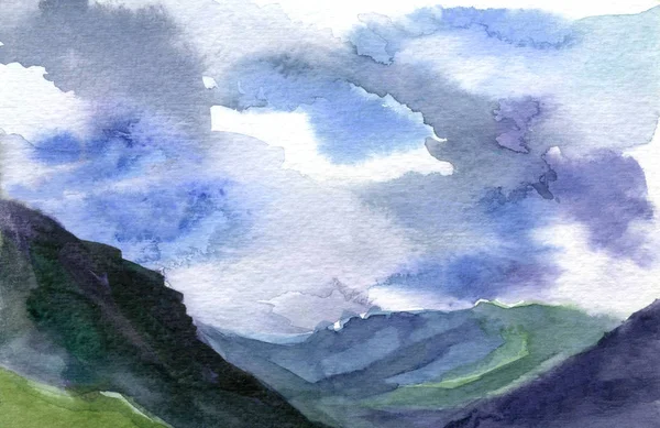 Watercolor landscape. Clouds, fog over the lake