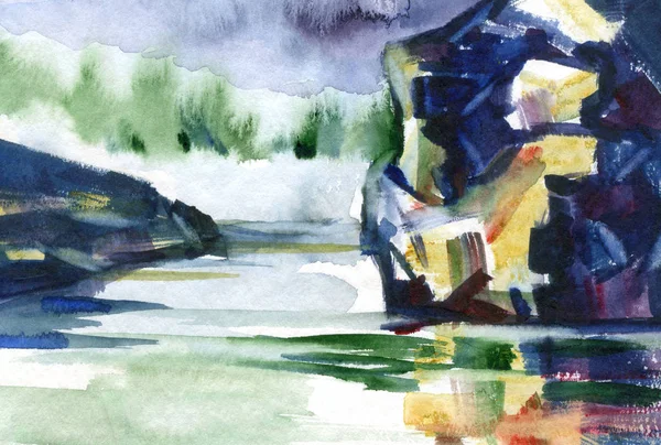 Vackert landskap nära en sjö. Skapad på strukturerat papper med akvarell. — Stockfoto
