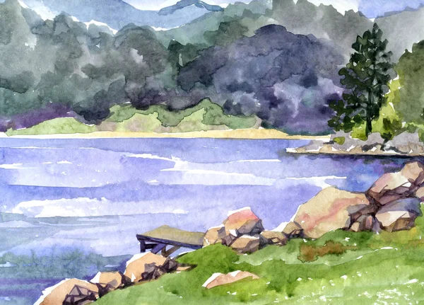 Un hermoso paisaje cerca de un lago. Creado sobre papel texturizado con acuarela . — Foto de Stock