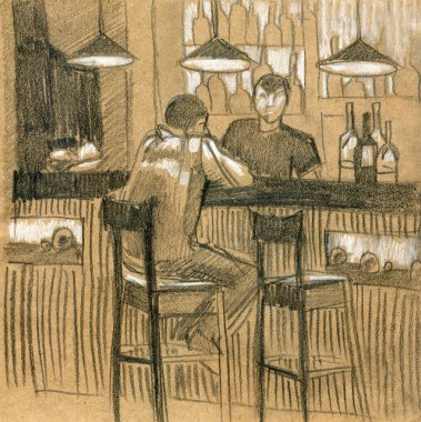 Modern iç illüstrasyon. Bırahane, Cafe. Elle çizilmiş, kroki.