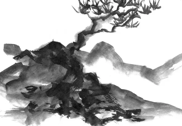 Táj a hegyek és a fák, kézzel rajzolt tintával. Hagyományos japán tinta sumi-e festészet. — Stock Fotó