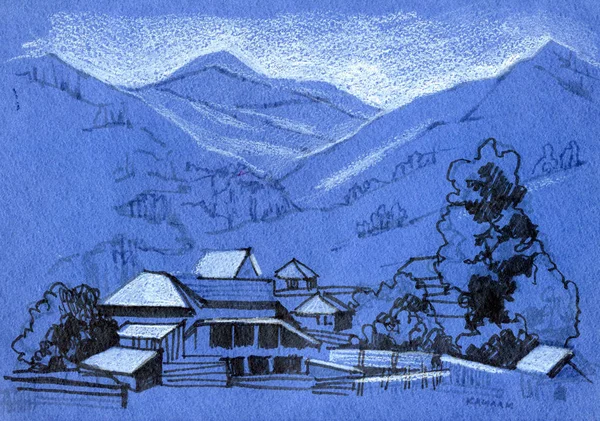 Пейзаж, карандашный рисунок с видом на нагорье. Горная деревня — стоковое фото